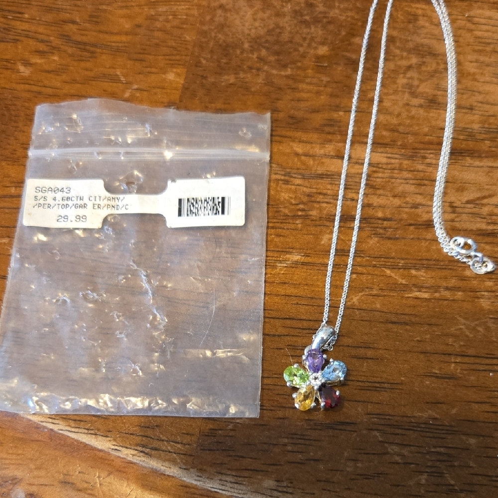 Silver Multicolor Gemstone Pendant Necklace
